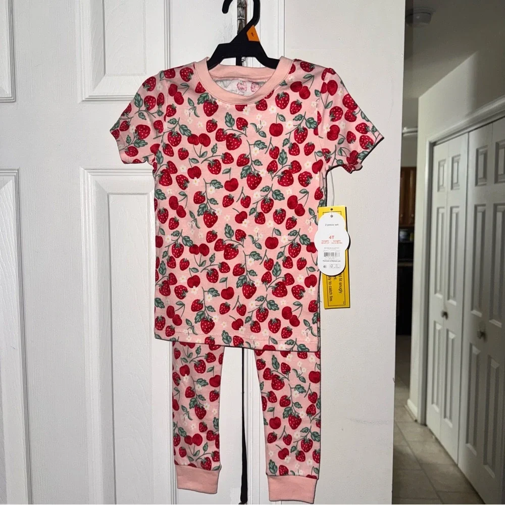 Wonder Nation Toddler Girl Pajama Set 4T Pink Strawberry Cotton Snug Fit 2pc